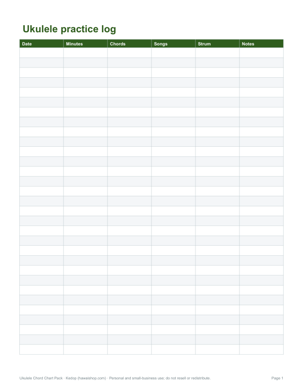 Preview of Printable Ukulele Practice Log